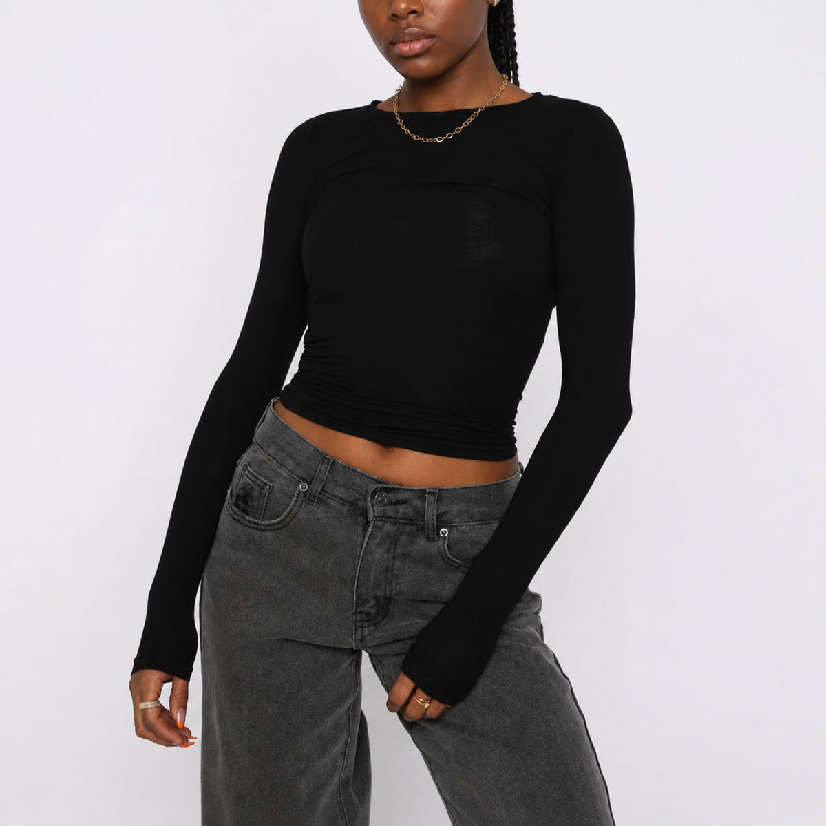 Women's Ruched Slim Fit Cropped Long Sleeve Round Neck Top