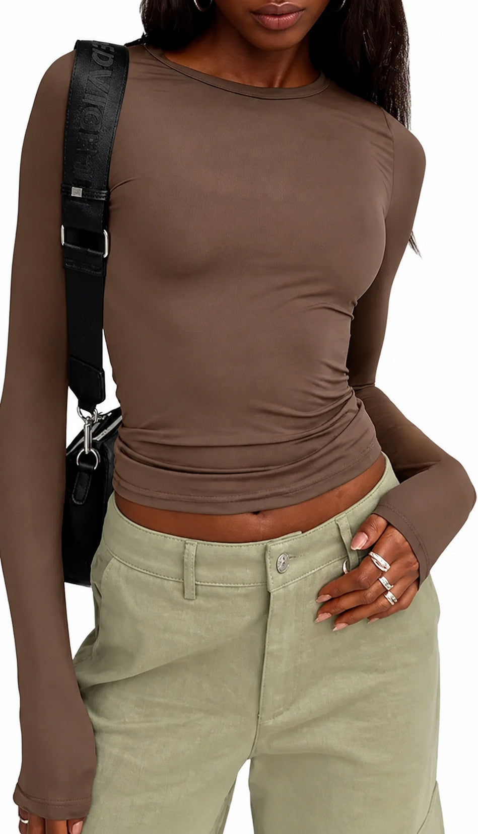 Women's Ruched Slim Fit Cropped Long Sleeve Round Neck Top
