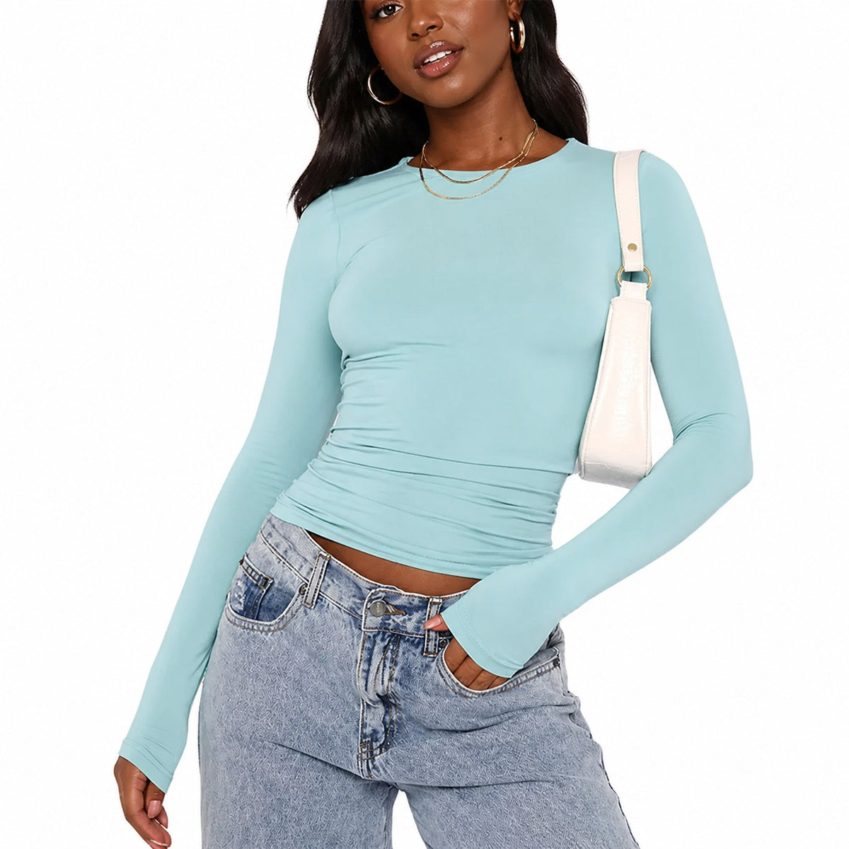 Women's Ruched Slim Fit Cropped Long Sleeve Round Neck Top
