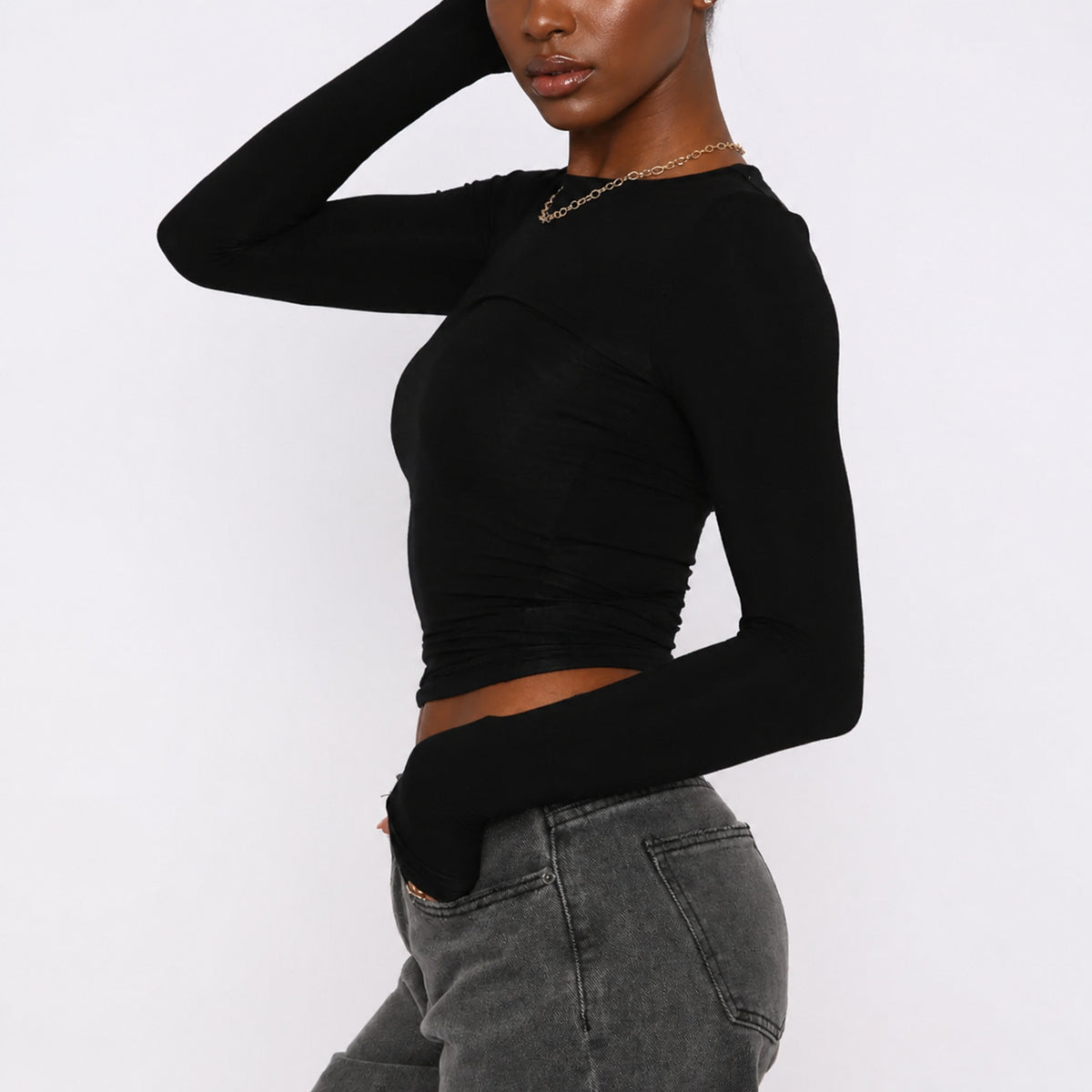 Women's Ruched Slim Fit Cropped Long Sleeve Round Neck Top