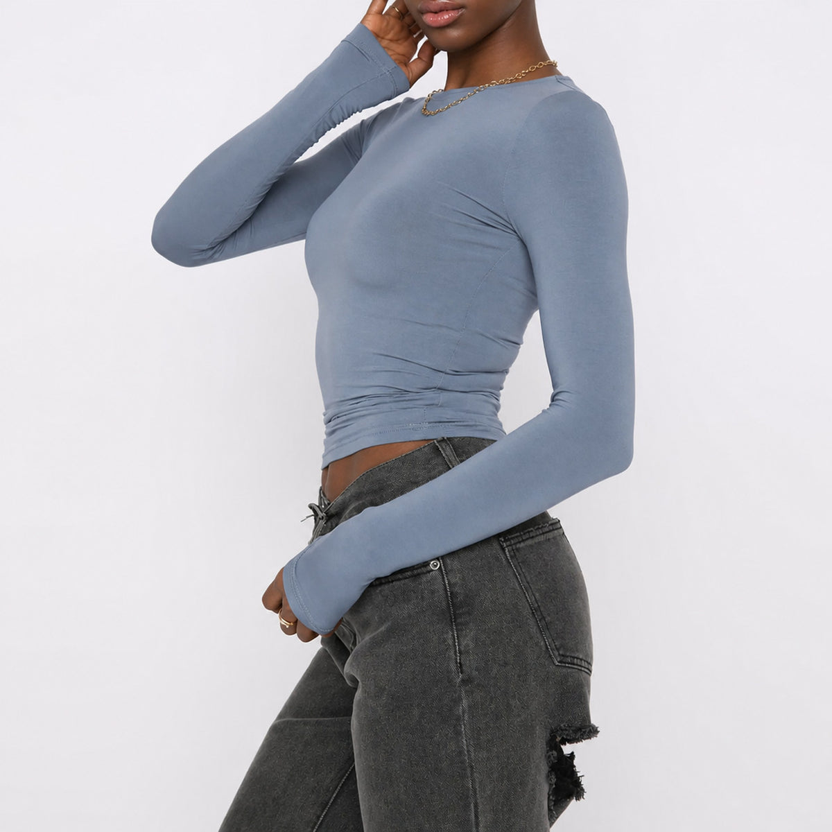 Women's Ruched Slim Fit Cropped Long Sleeve Round Neck Top