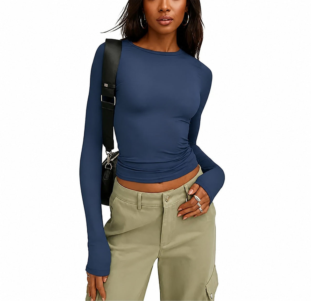 Women's Ruched Slim Fit Cropped Long Sleeve Round Neck Top