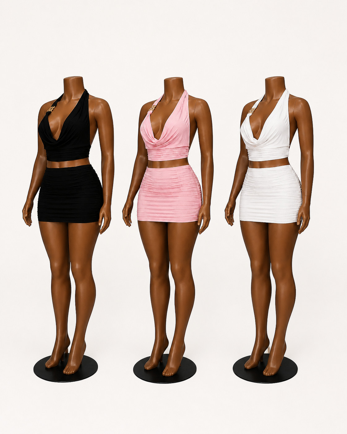 Halter Cowl Neck Crop Top and Ruched Mini Skirt Set