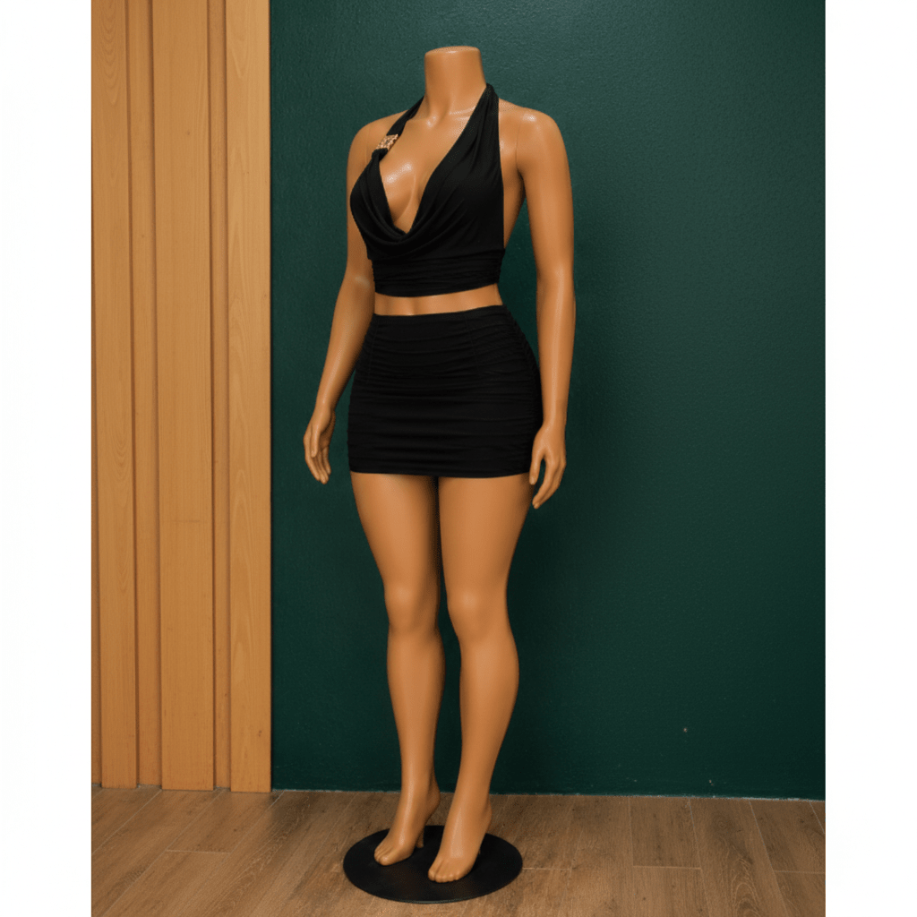 Halter Cowl Neck Crop Top and Ruched Mini Skirt Set