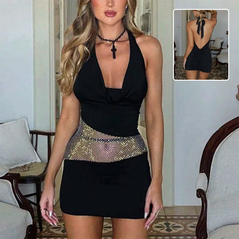 Women's Halter Mini Dress with Plunging Neckline, Open Back, and Sequin Waist