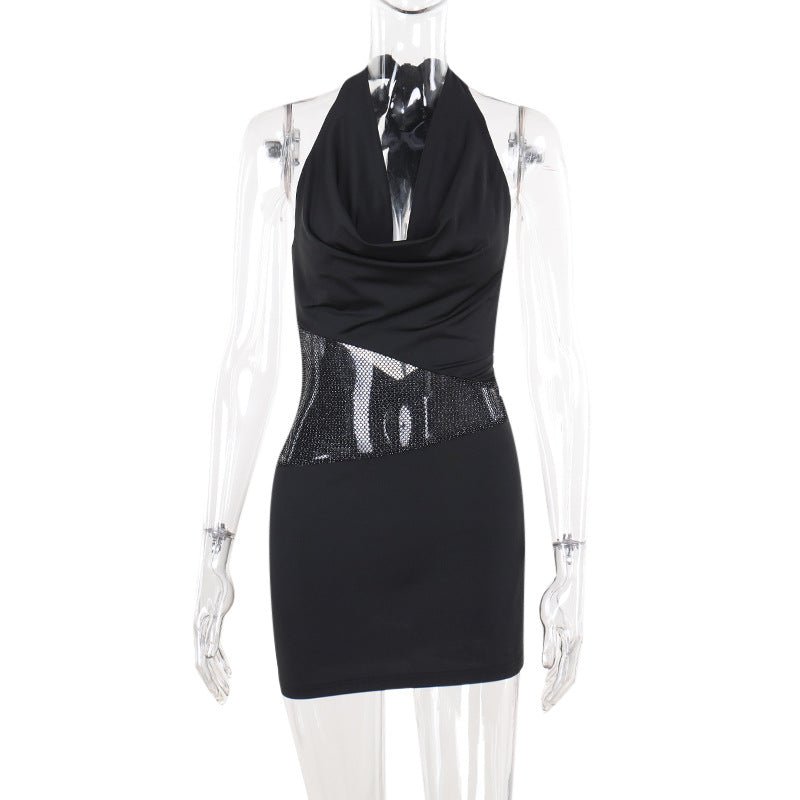 Women's Halter Mini Dress with Plunging Neckline, Open Back, and Sequin Waist