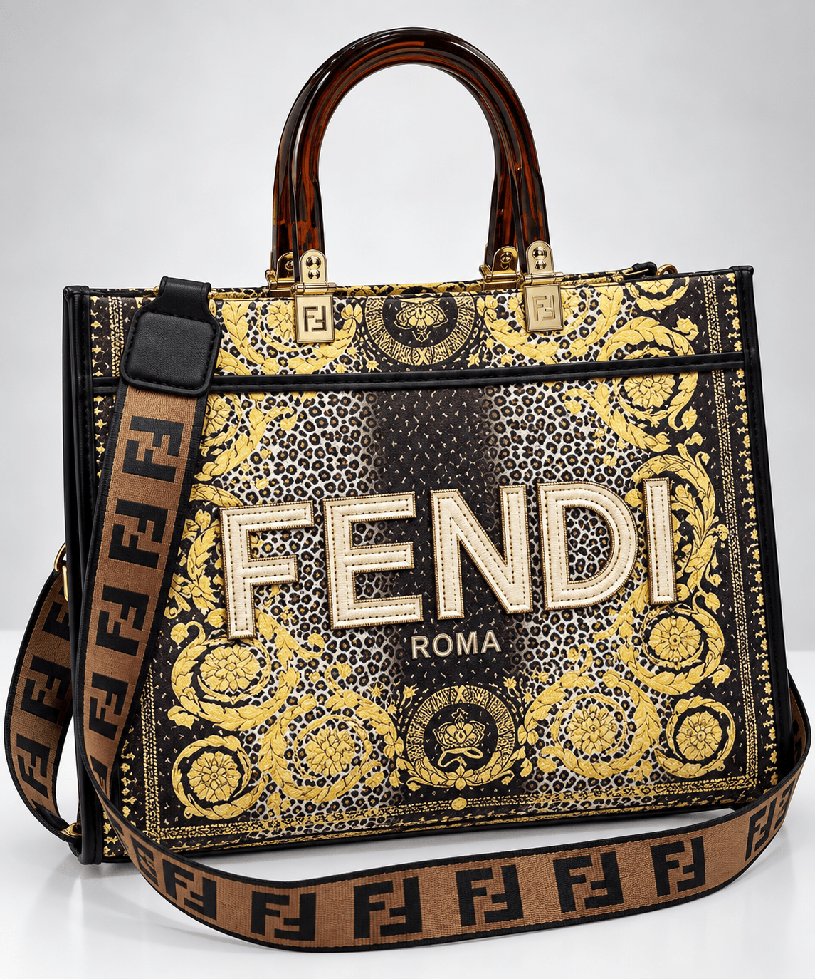 Structured Printed Tote Bag with Top Handles and Crossbody Strap