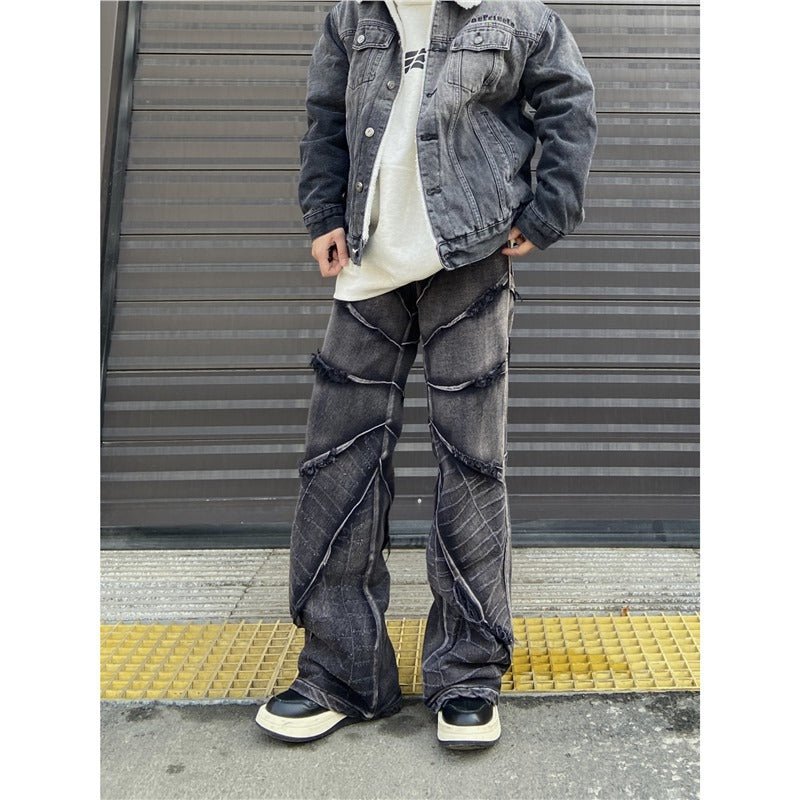 Men's Distressed Wide Leg Jeans with Diagonal Panel Seams