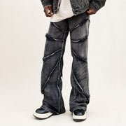 Men's Distressed Wide Leg Jeans with Diagonal Panel Seams