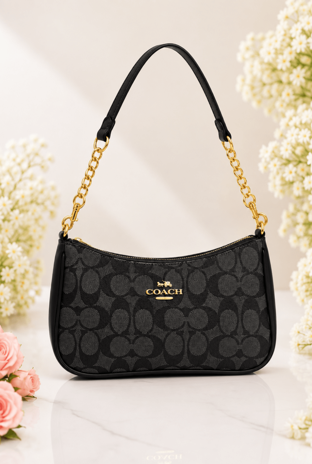 Curved Patterned Shoulder Bag with Chain Strap and Zip Closure