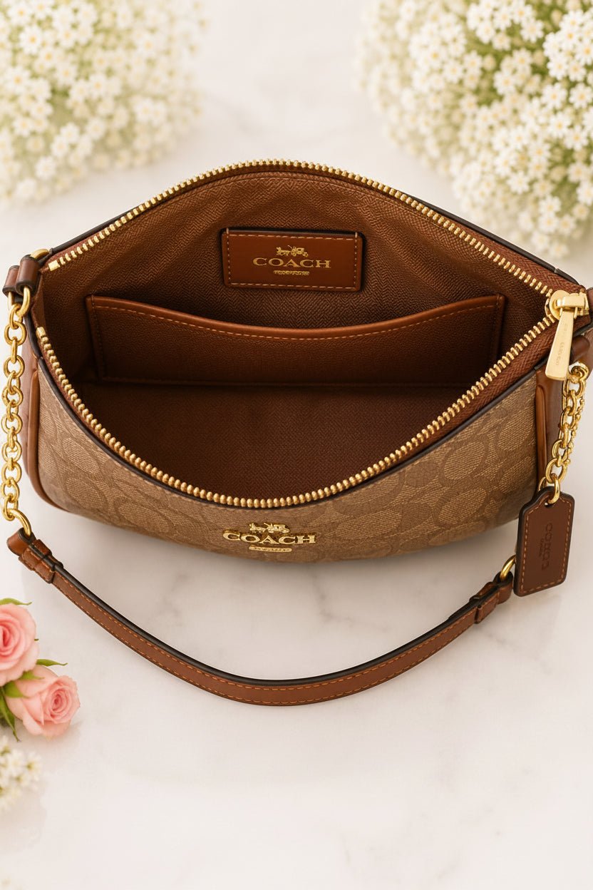 Curved Patterned Shoulder Bag with Chain Strap and Zip Closure