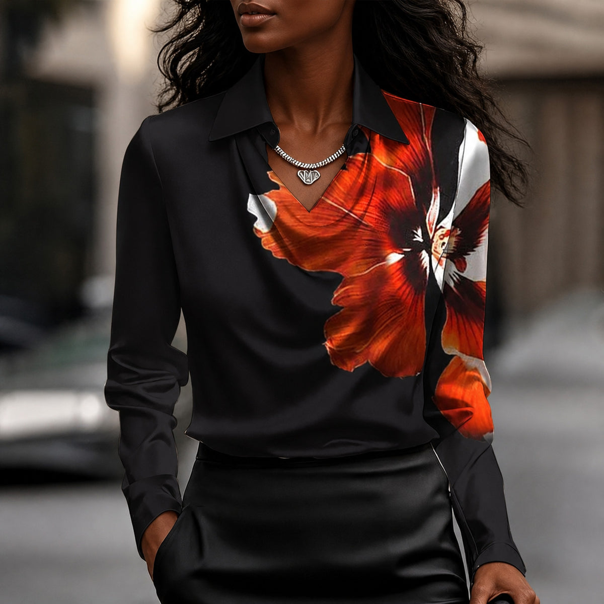 Women's Long Sleeve Draped Swing Collar Pullover Blouse