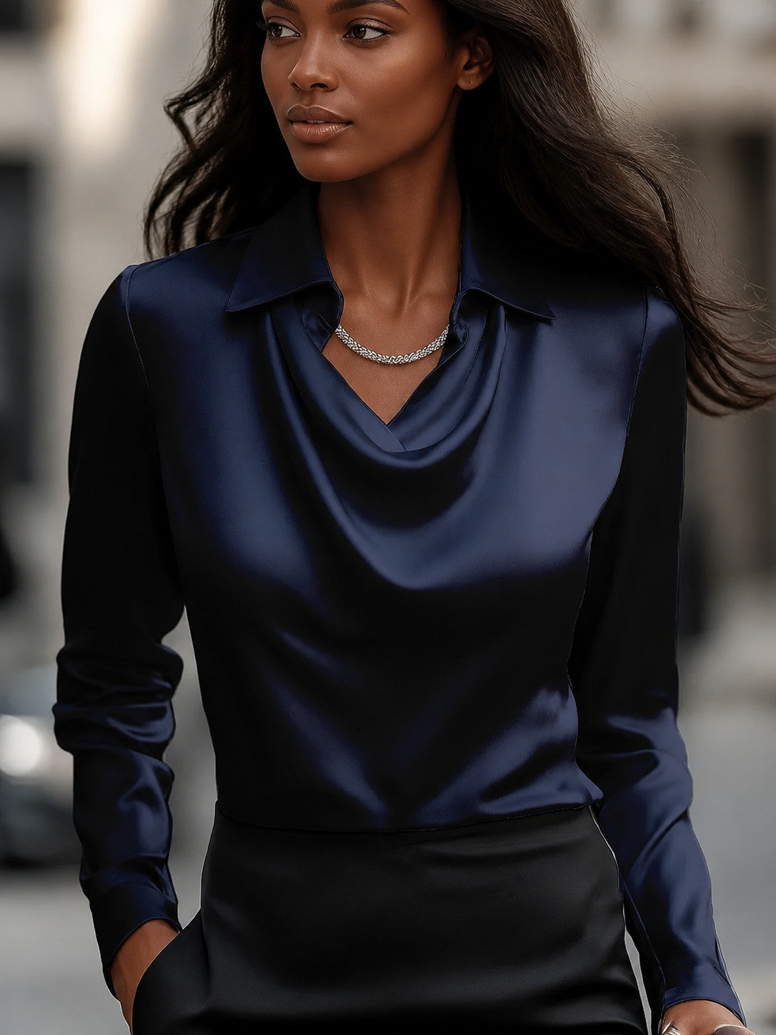 Women's Long Sleeve Draped Swing Collar Pullover Blouse