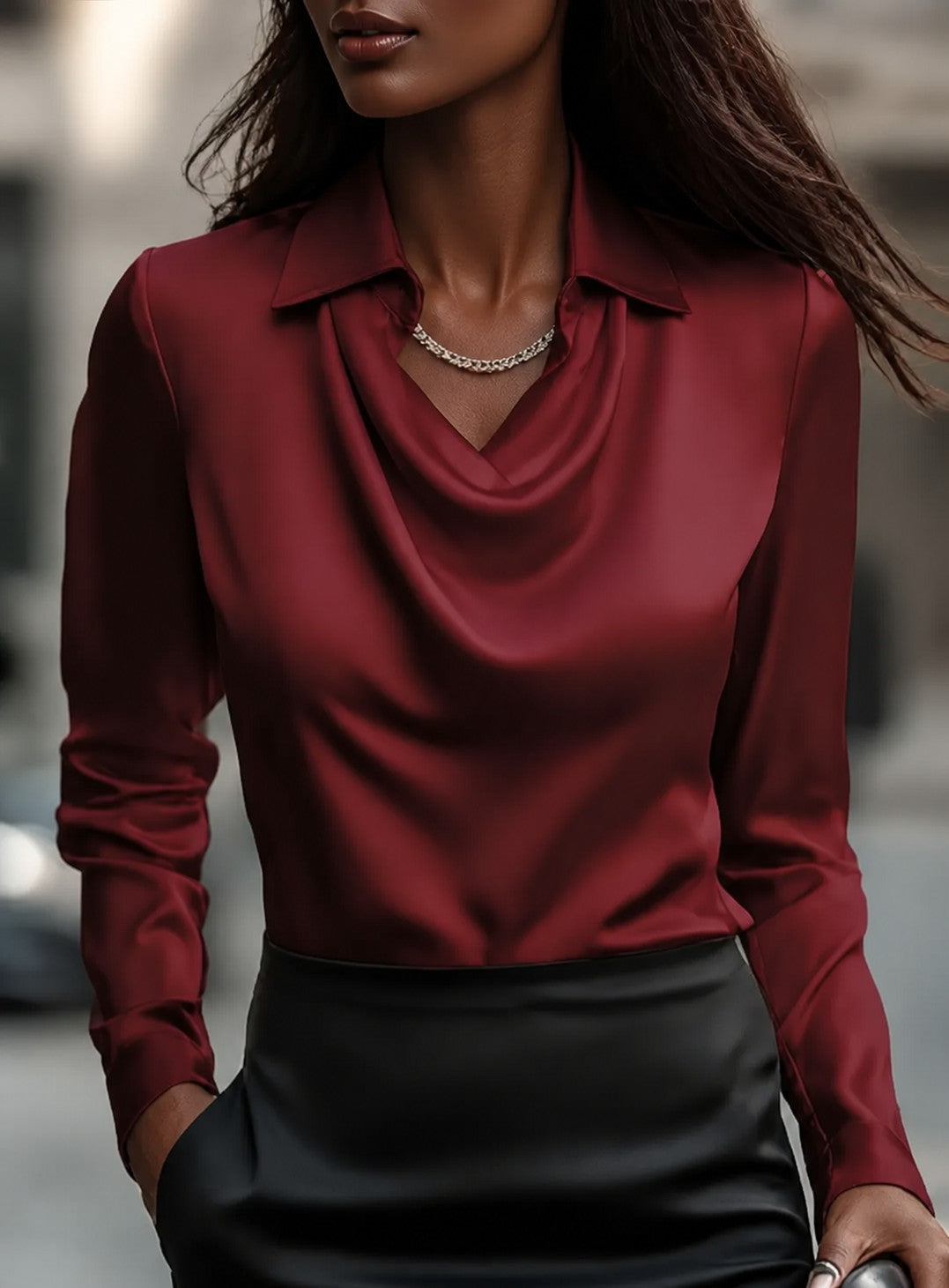 Women's Long Sleeve Draped Swing Collar Pullover Blouse