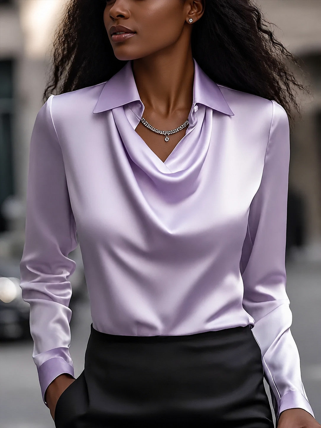 Women's Long Sleeve Draped Swing Collar Pullover Blouse
