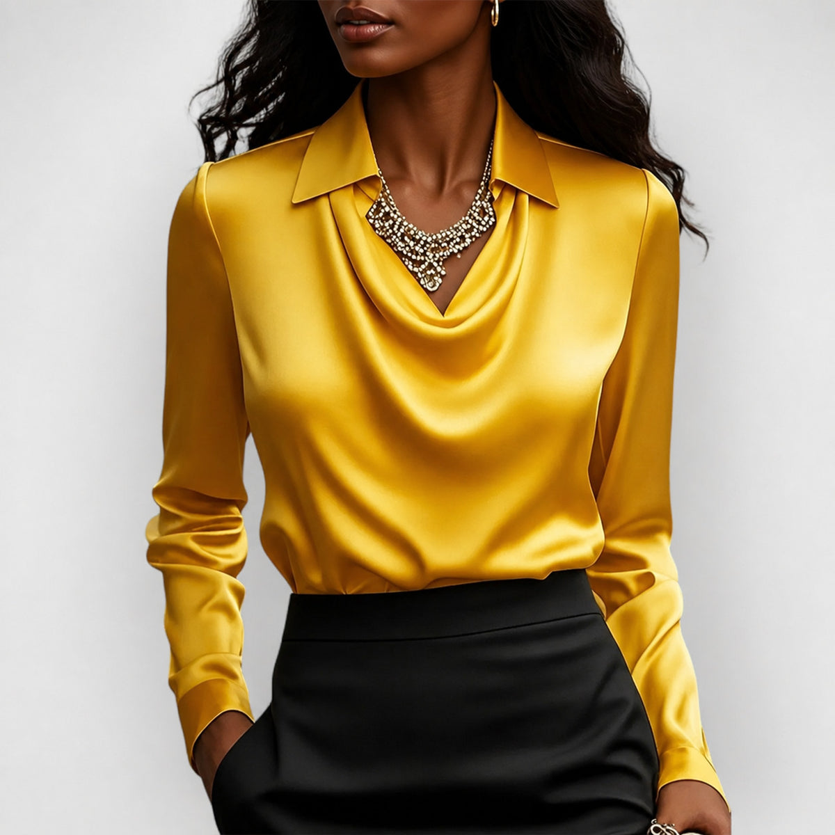 Women's Long Sleeve Draped Swing Collar Pullover Blouse
