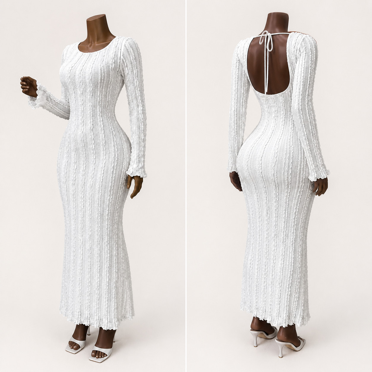 Women's Textured Fitted Maxi Dress with Open Back and Ruffled Cuffs