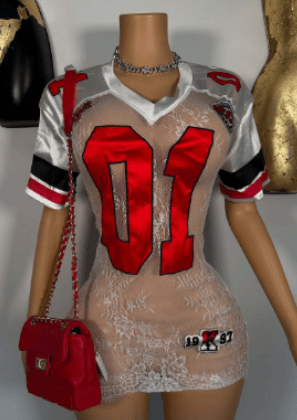 Varsity Number Bodycon Mini Dress with Short Sleeves and Sheer Lace Lower Panel