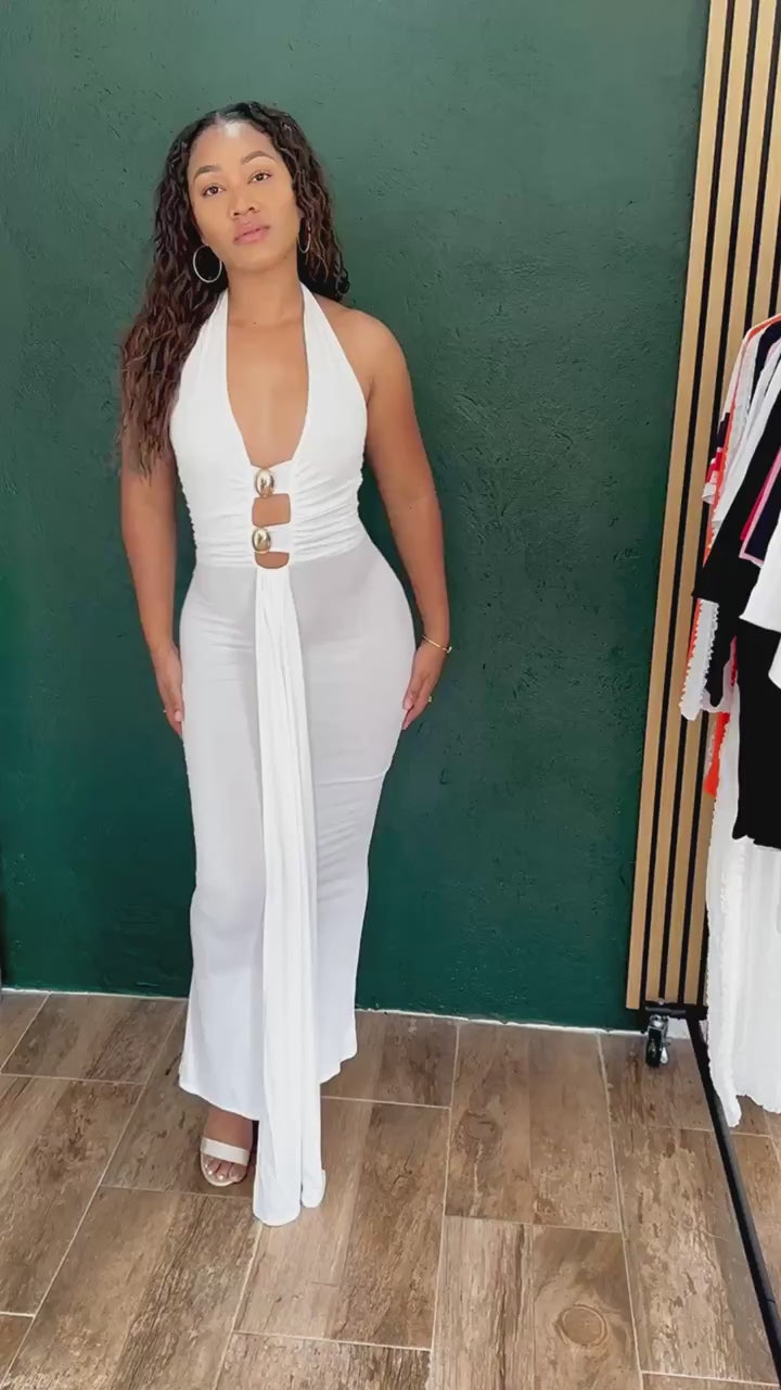 Load video: Deep V Halter Maxi Dress with Ruched Waist and Front Button Detail