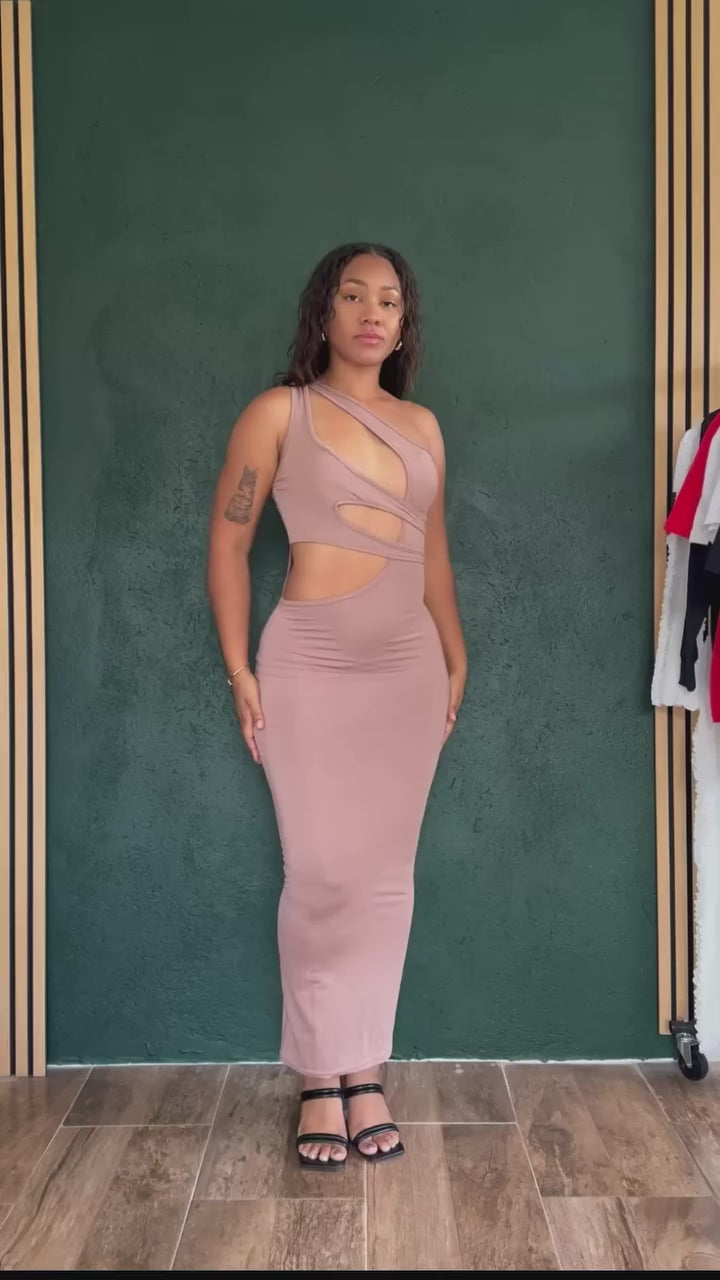 Load video: One Shoulder Cutout Maxi Dress with Draped Cross Front