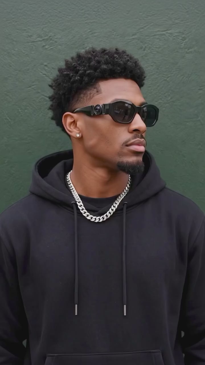 Load video: Rectangular Frame Sunglasses with Wide Temples and Decorative Side Detail