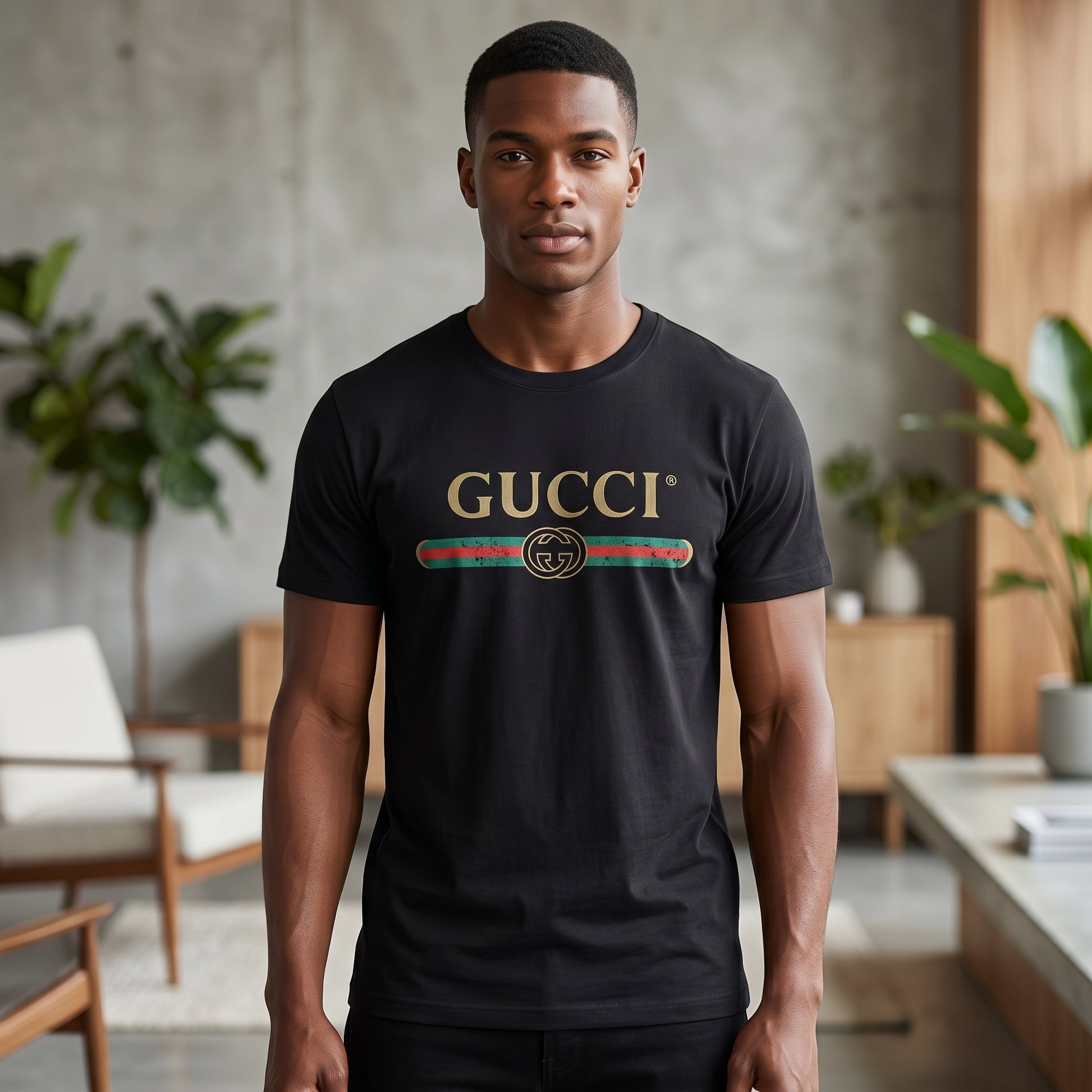 Confident young African American male model wearing Regal Horizon T-Shirt in a modern setting, highlighting the relaxed fit and fabric detail.