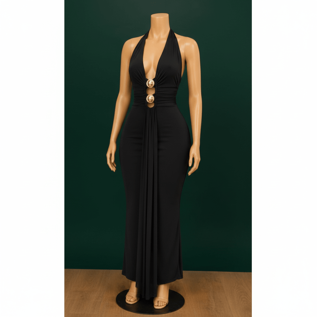 Deep V Halter Maxi Dress with Ruched Waist and Front Button Detail