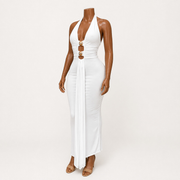 Deep V Halter Maxi Dress with Ruched Waist and Front Button Detail