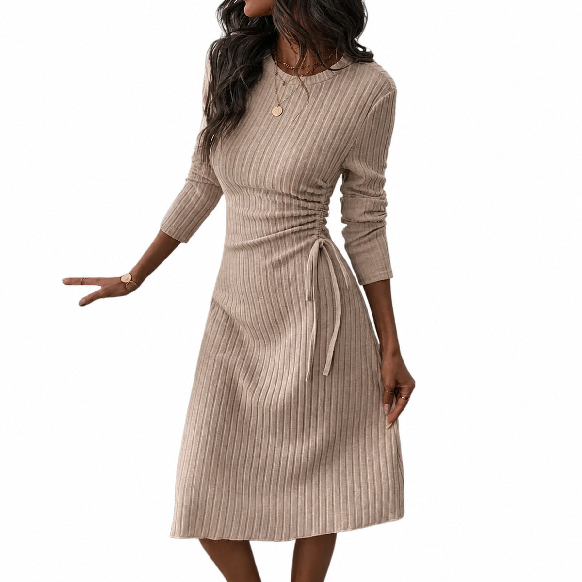 Women's Ribbed Midi Dress with Long Sleeves and Side Tie