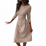 Women's Ribbed Midi Dress with Long Sleeves and Side Tie