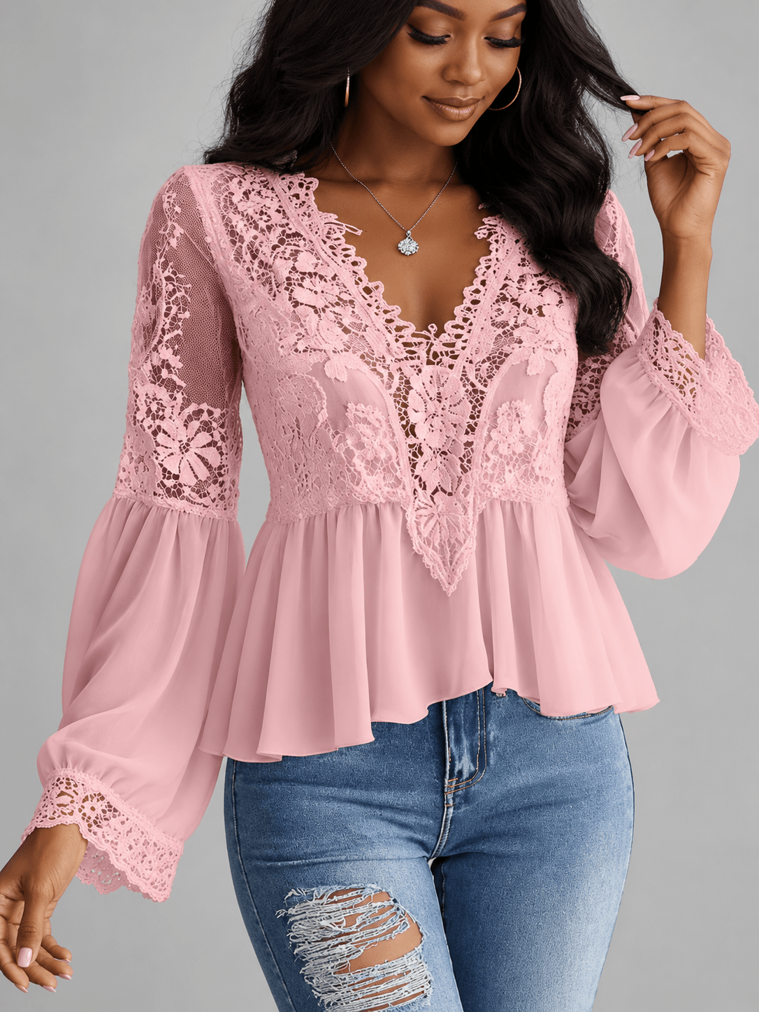 Lace V-Neck Peplum Blouse with Bell Sleeves