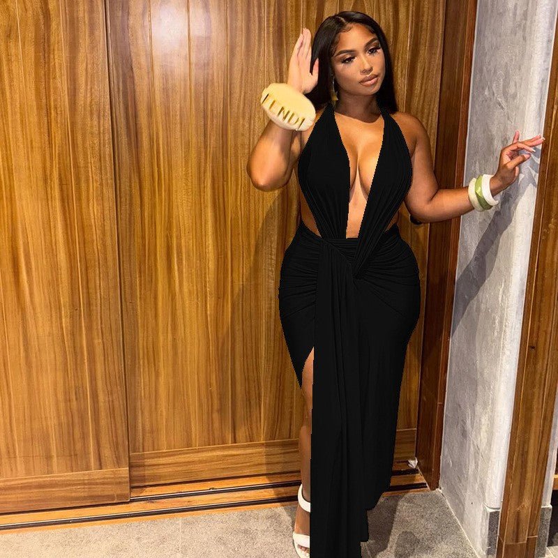 Women's Plunging Halter Ruched Maxi Dress with Side Slit