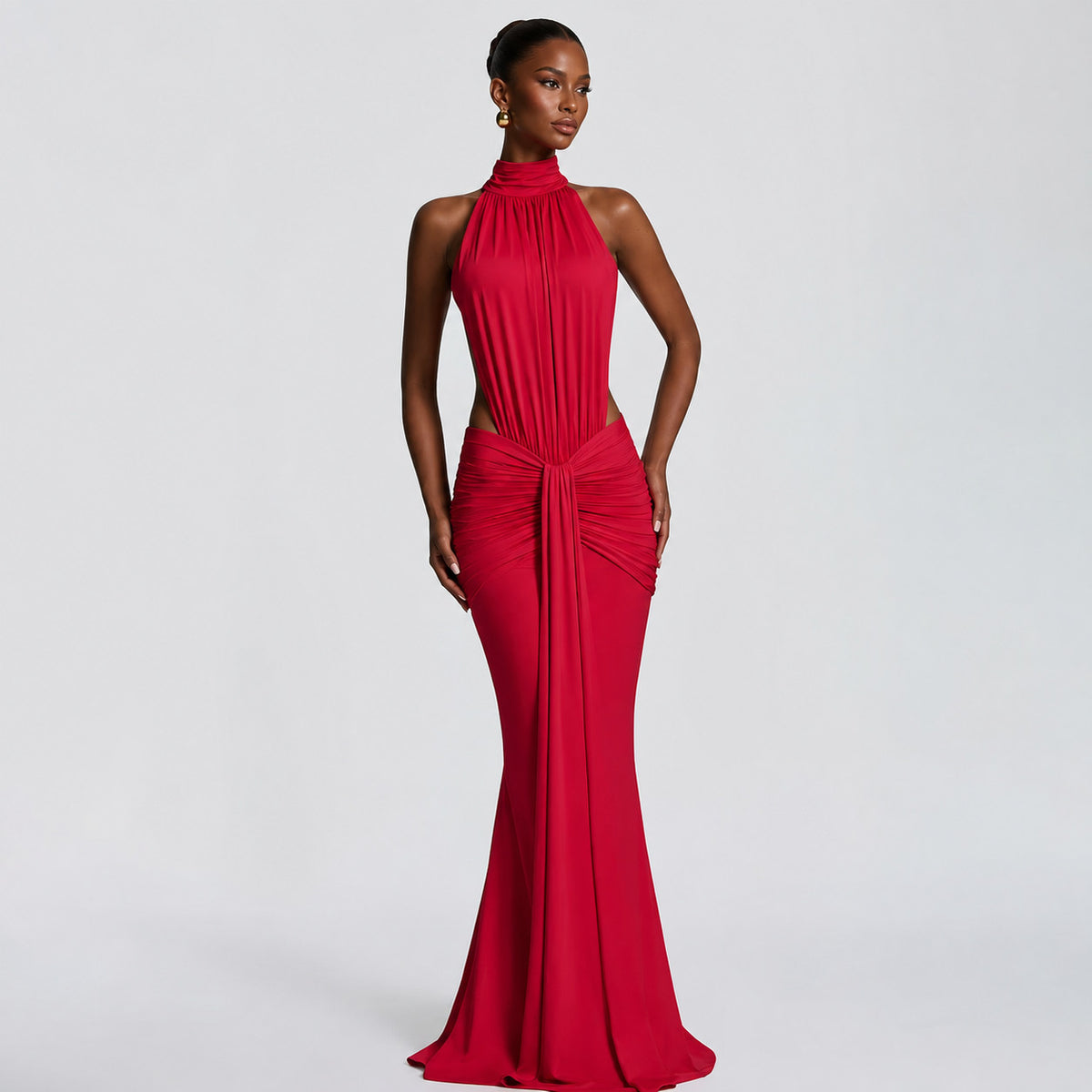 Women's Halter Neck Cutout Ruched Mermaid Gown
