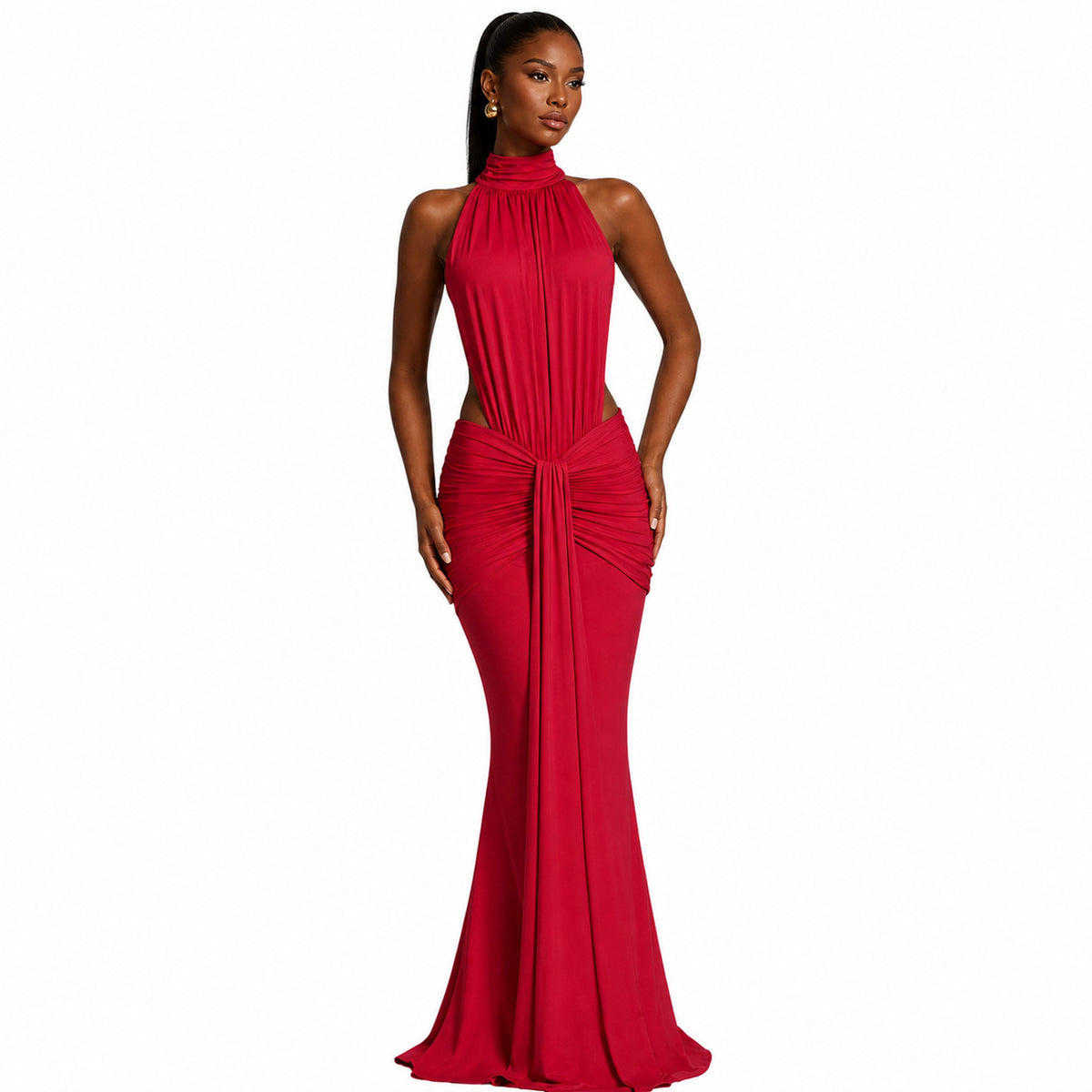 Women's Halter Neck Cutout Ruched Mermaid Gown