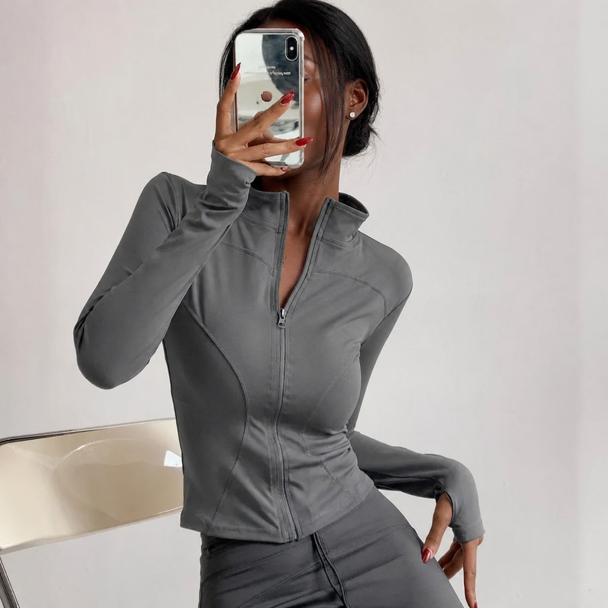 Women's Contoured Long Sleeve Zip Jacket with Stand Collar