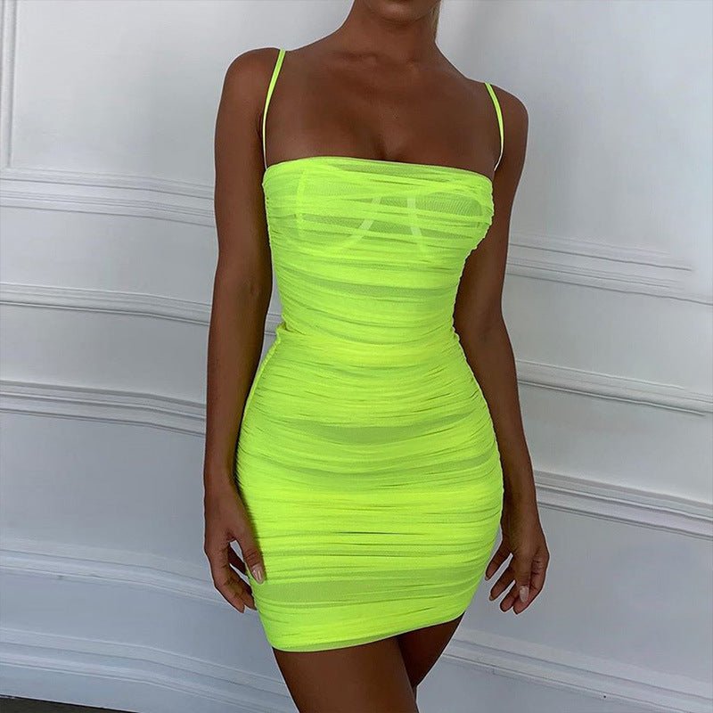 Women's Square Neck Ruched Spaghetti Strap Bodycon Mini Dress