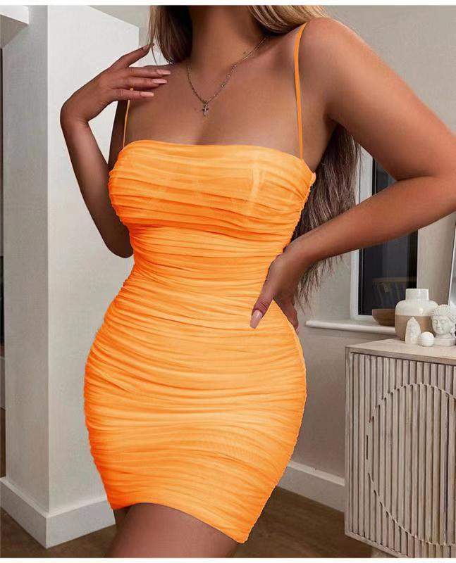 Women's Square Neck Ruched Spaghetti Strap Bodycon Mini Dress