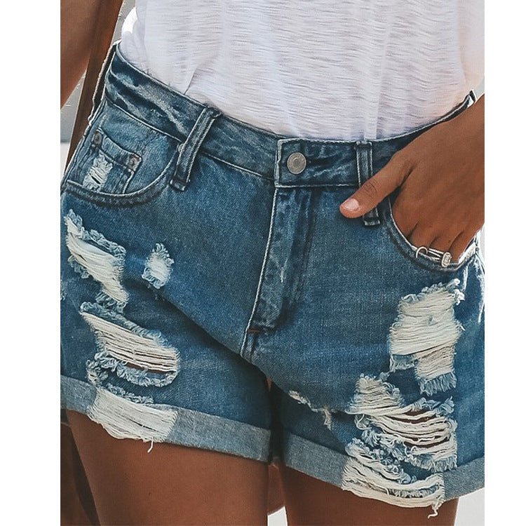 Women's Distressed Denim Shorts with Ripped Details, Rolled Hem, and Five Pockets