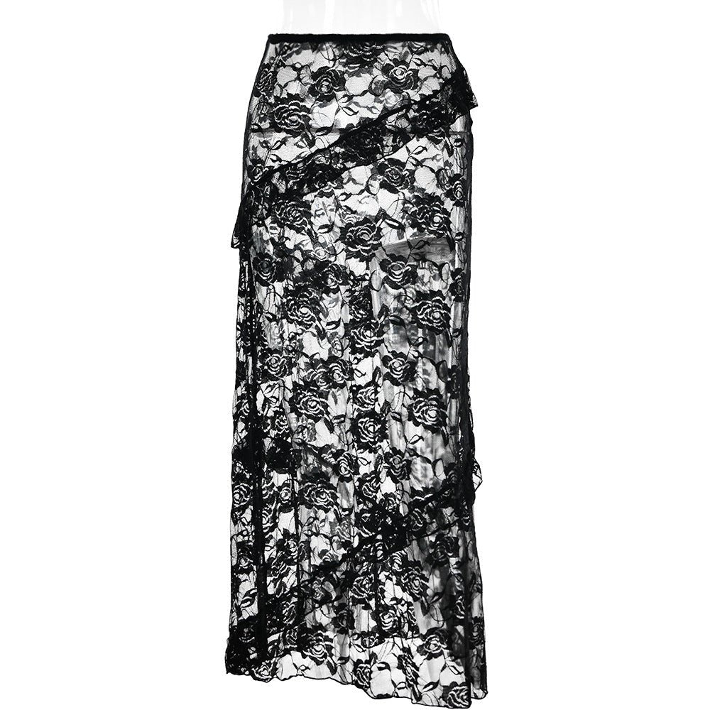 Women's Floral Lace Draped Midi Skirt with Tiered Ruffles and Elastic Waist