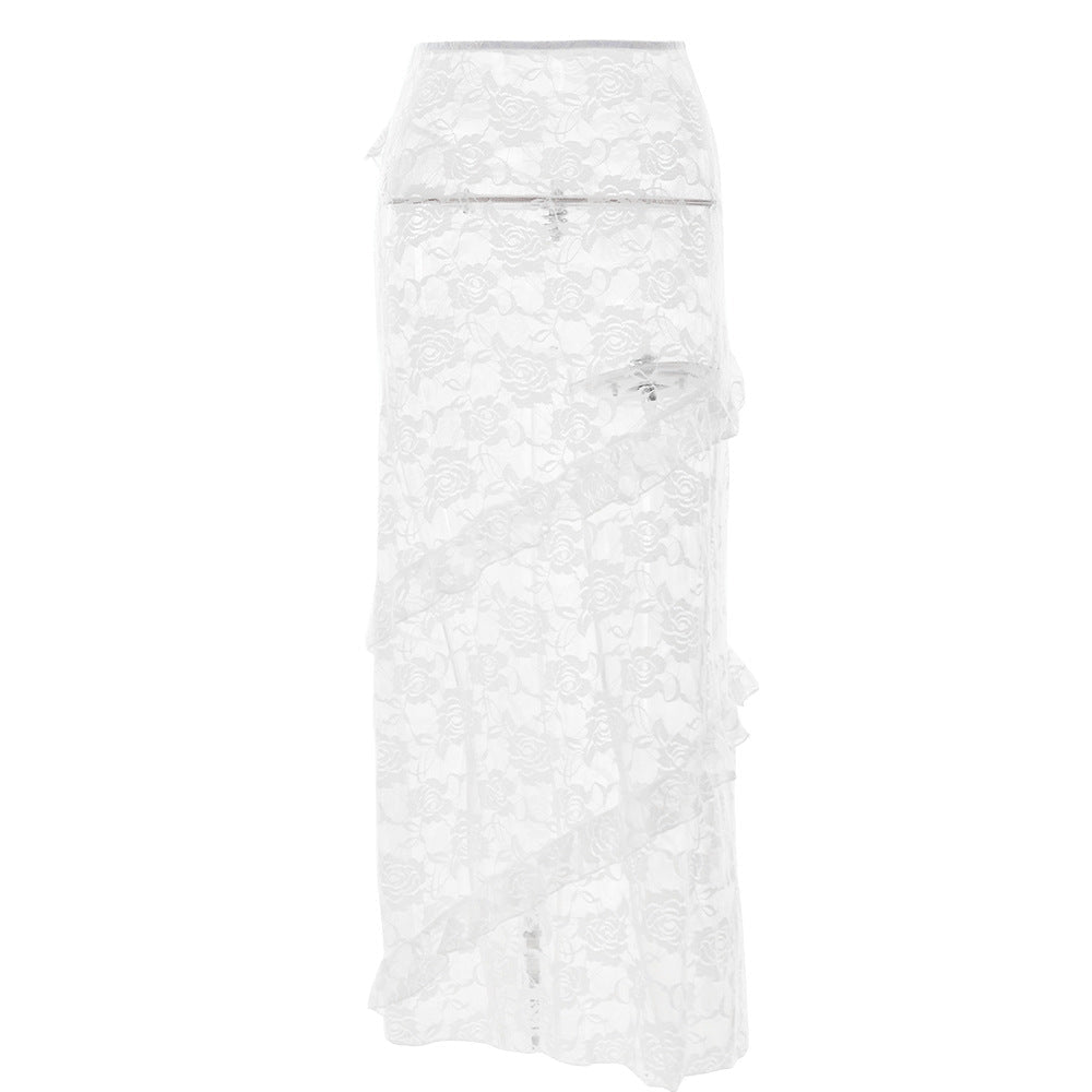 Women's Floral Lace Draped Midi Skirt with Tiered Ruffles and Elastic Waist