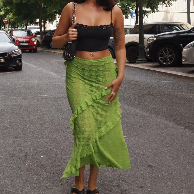 Women's Floral Lace Draped Midi Skirt with Tiered Ruffles and Elastic Waist