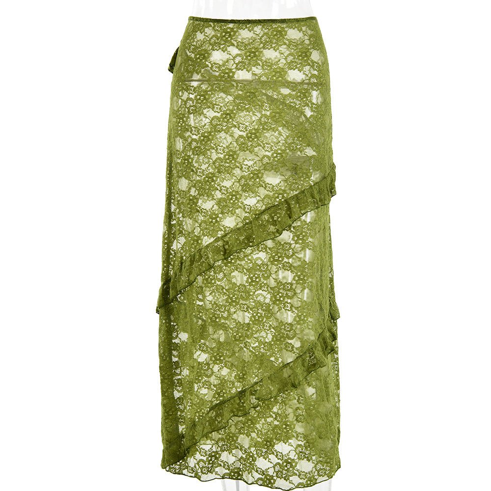 Women's Floral Lace Draped Midi Skirt with Tiered Ruffles and Elastic Waist