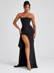 Strapless Ruched Maxi Dress with High Slit