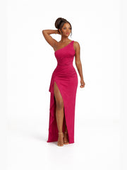 Elegant One-Shoulder Backless Satin Dress with Slit for Women - Summer Slim-Fit Solid Color Design