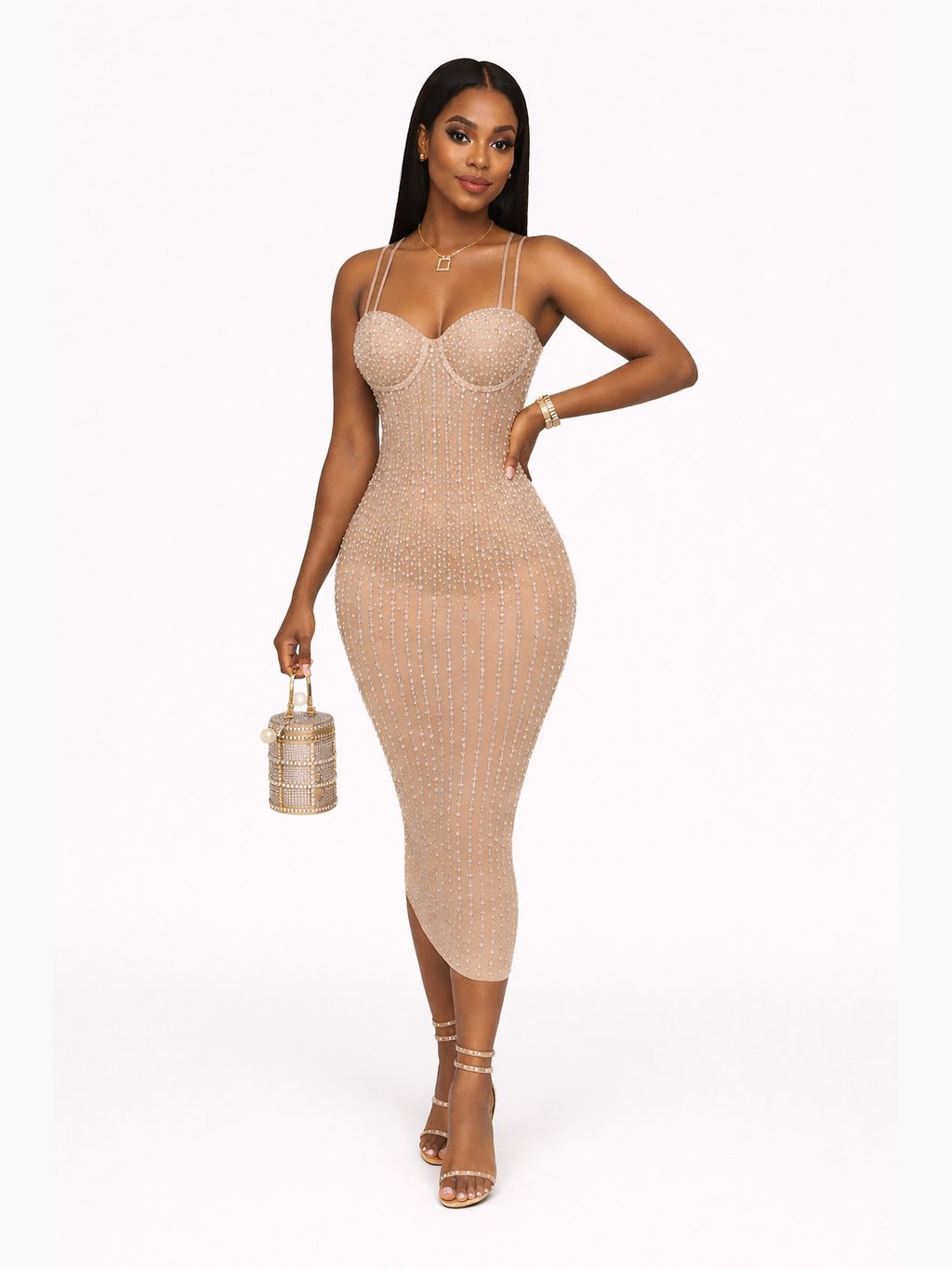 Women's Rhinestone Sweetheart Neck Bodycon Midi Dress with Thin Straps