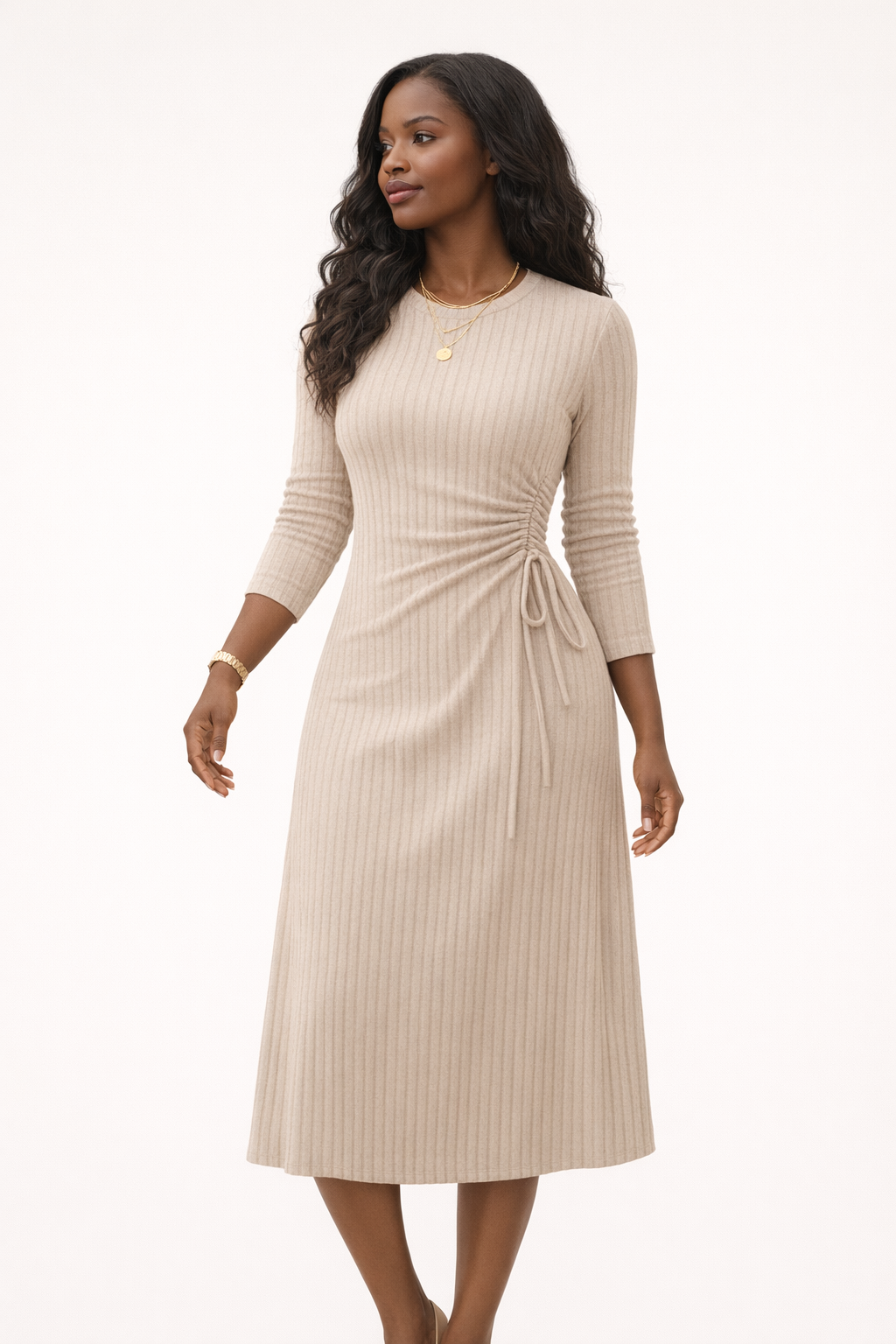 Women's Ribbed Midi Dress with Long Sleeves and Side Tie