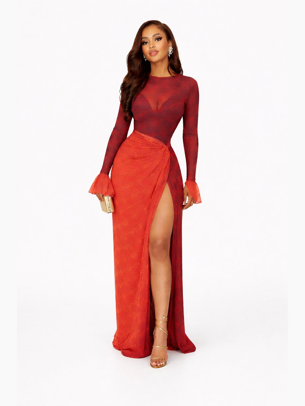 Women's Patterned Round Neck Long Sleeve Wrap Maxi Dress with High Front Slit and Ruffle Cuffs