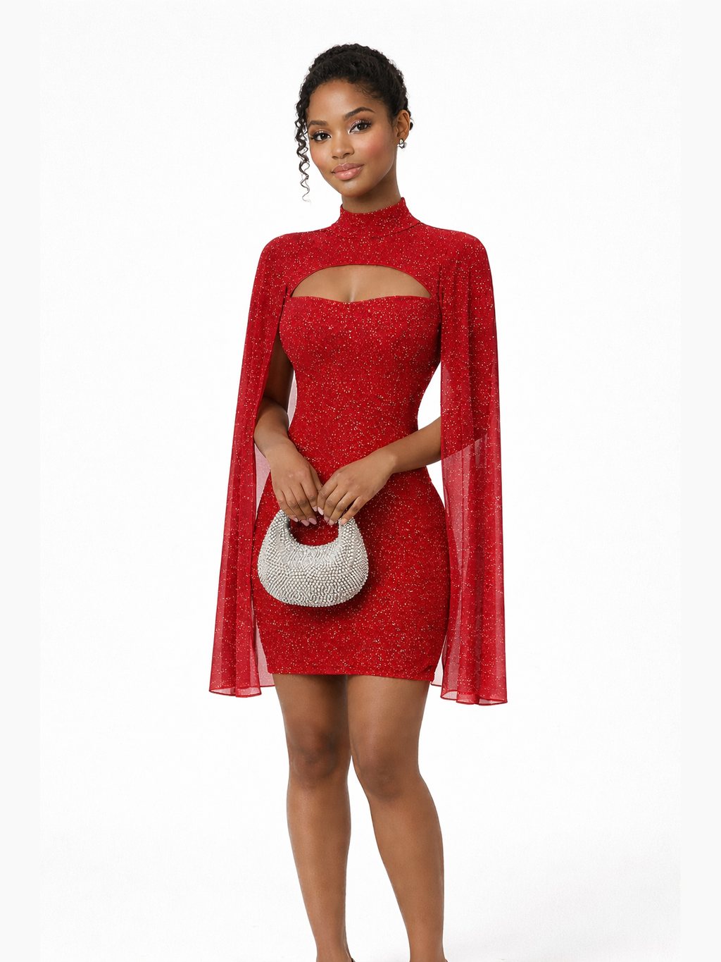 Women's High Neck Cutout Sheath Mini Dress with Cape Sleeves