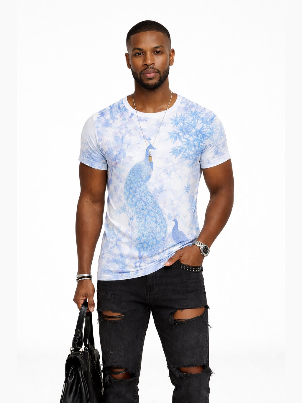 Men's Short Sleeve Crew Neck Peacock Botanical T Shirt