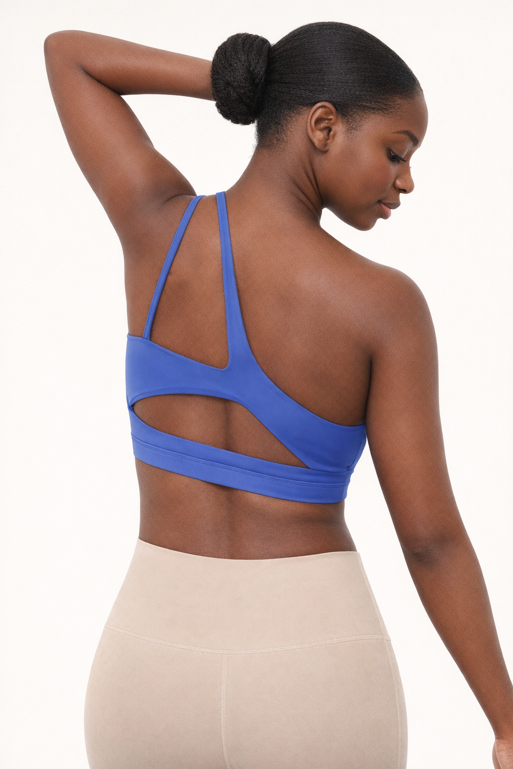 Women's One Shoulder Sports Bra with Open Back and Built In Pad